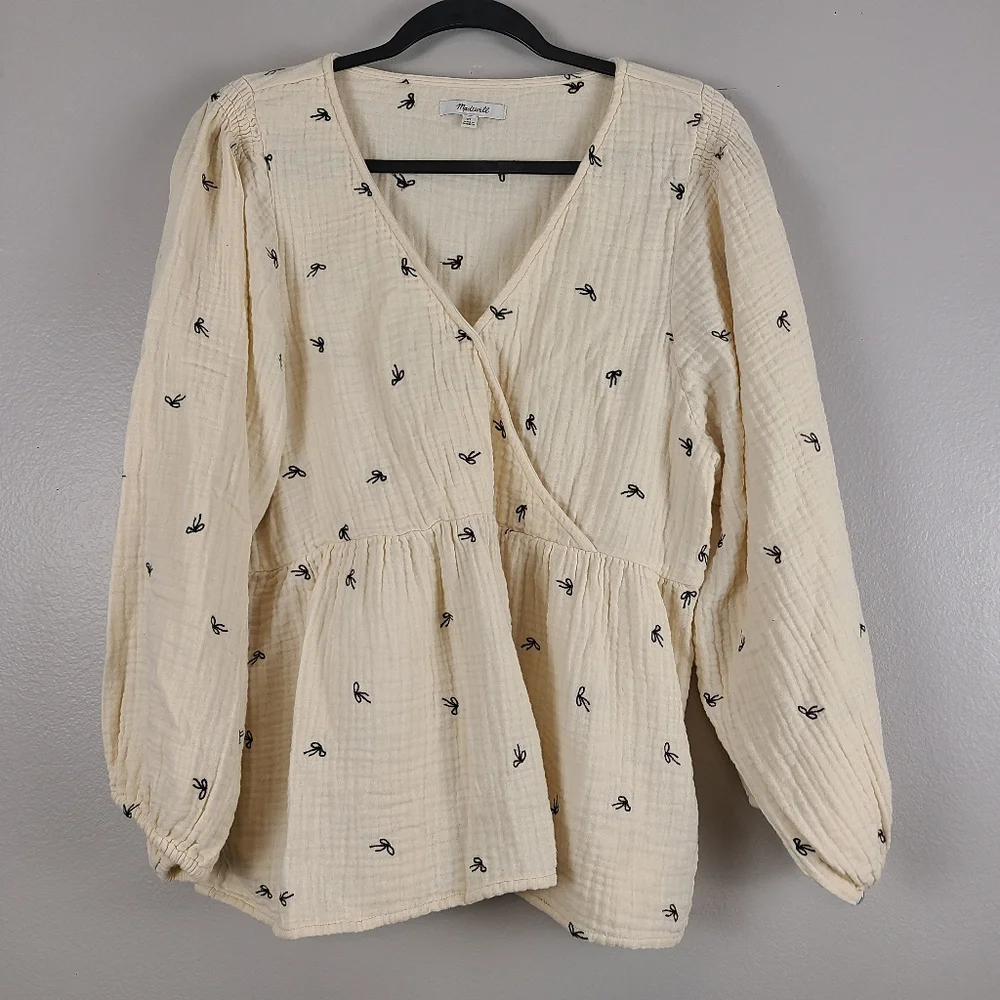 Madewell Cream Cotton Long Sleeve Bow Print Coquette Classic Peplum Top XL